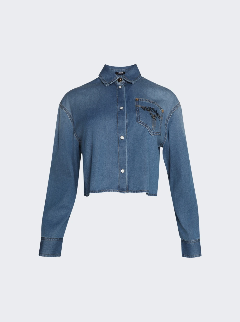 Versace Milano Stamp Crop Denim Shirt Blue 1 Versace Milano Stamp Crop Denim Shirt Blue
