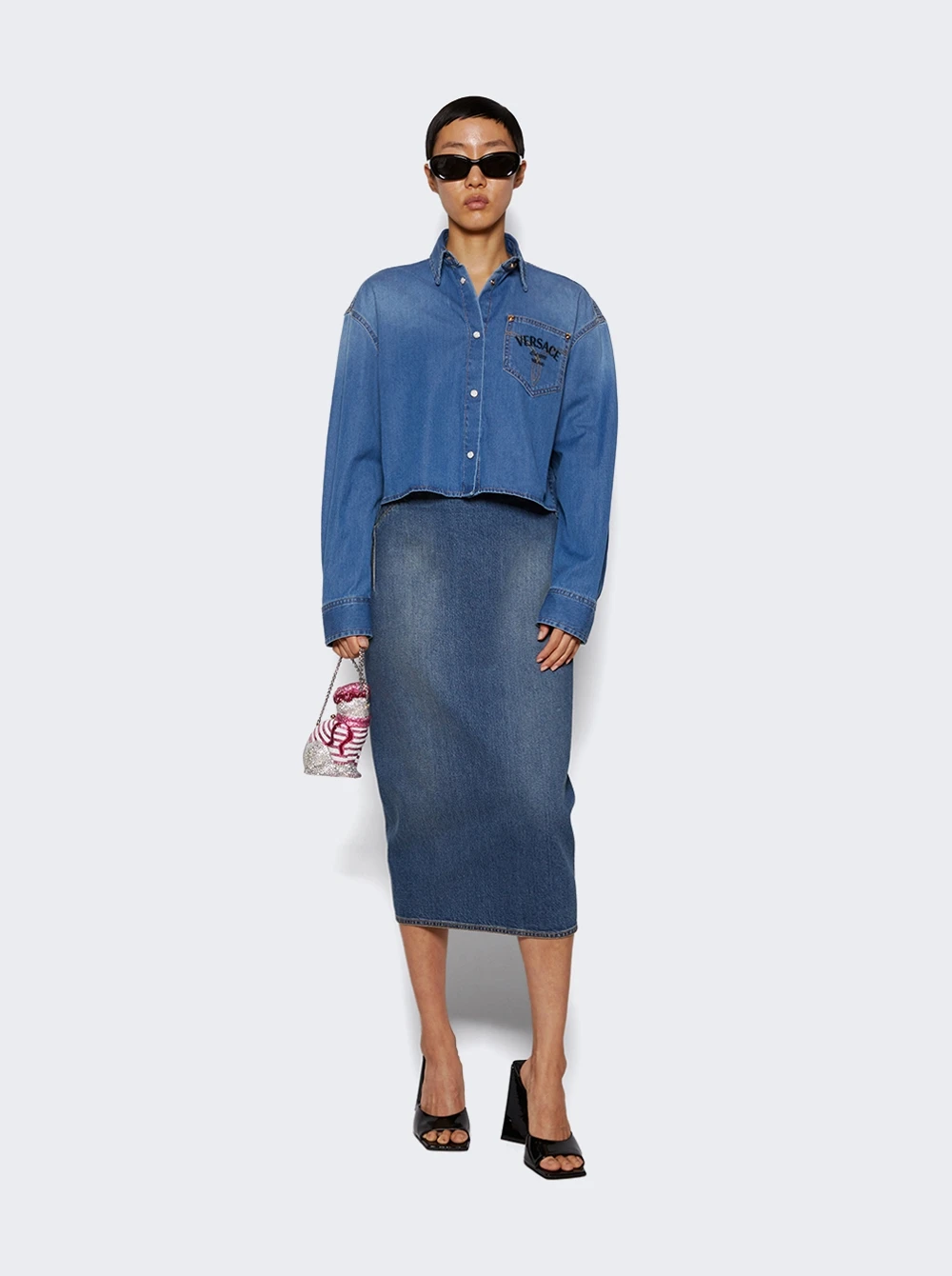 Versace Milano Stamp Crop Denim Shirt Blue 2 Versace Milano Stamp Crop Denim Shirt Blue - Image 2