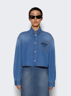 Versace Milano Stamp Crop Denim Shirt Blue 7 Versace Milano Stamp Crop Denim Shirt Blue -Artemides shop 1014208 1A10073 Blue 03