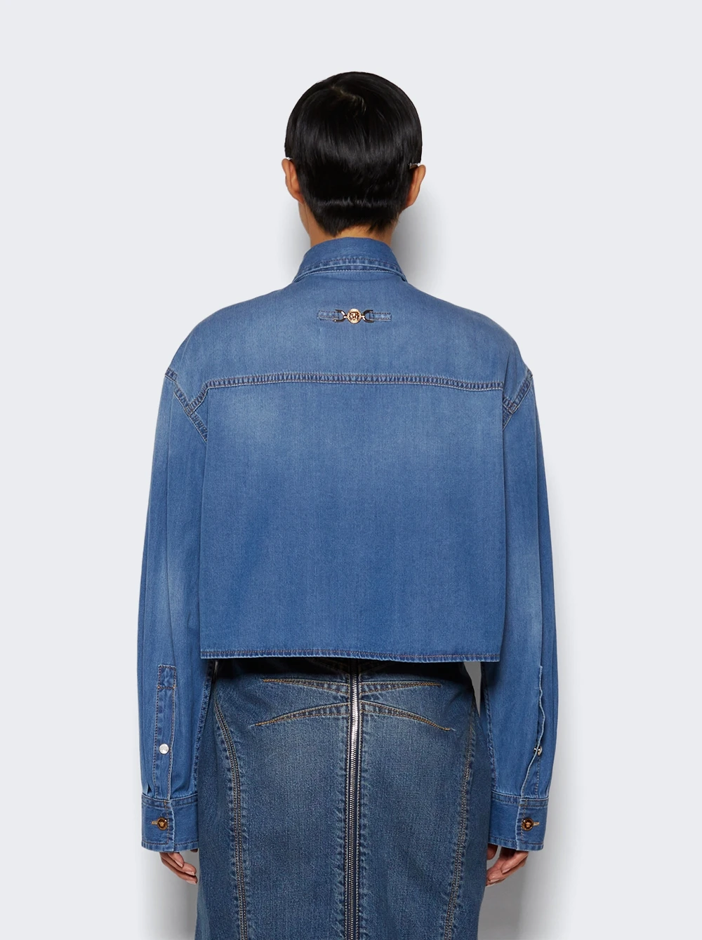Versace Milano Stamp Crop Denim Shirt Blue 5 Versace Milano Stamp Crop Denim Shirt Blue - Image 5