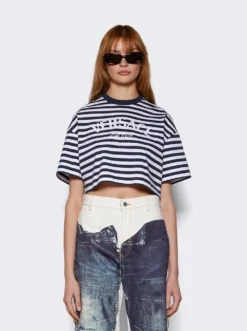 Versace Lancora Crop T-shirt White And Navy 7 Versace Lancora Crop T-shirt White And Navy -Artemides shop 1014237 1A10133 03 1