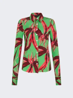 Button Down Shirt Green With Red Flowers