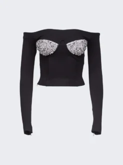 Area Off-Shoulder Crystal Cup Bustier Top Black