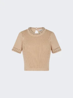 Crochet Knit Crop Top Shiny Beige