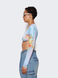 Jean Paul Gaultier Flowers Printed Body Crop Top Blue -Artemides shop 23 12 F TO077 J517 5010 1740 04 1