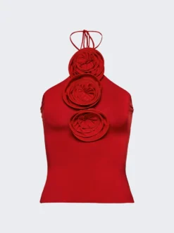 Magda Butrym Floral Jersey Tie Neck Top Red