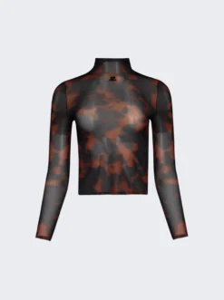 COURREGES Tortoise Mock Neck Sheer Top Havana Brown