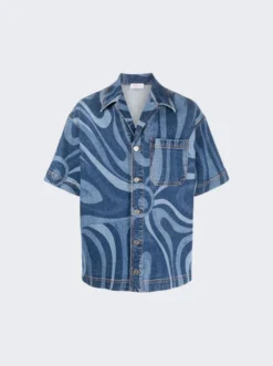 Marmo-Print Short Sleeve Denim Shirt Blue
