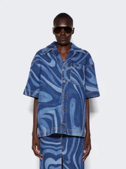 Marmo-Print Short Sleeve Denim Shirt Blue -Artemides shop 3RDJ90 3R998 2845 03 1