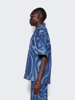 Marmo-Print Short Sleeve Denim Shirt Blue -Artemides shop 3RDJ90 3R998 2845 04 1