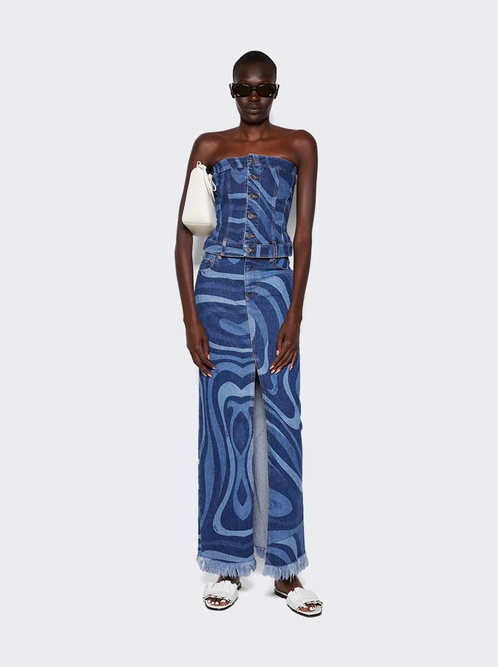 Marmo-Print Denim Bandeau Top Blue 2 Marmo-Print Denim Bandeau Top Blue - Image 2