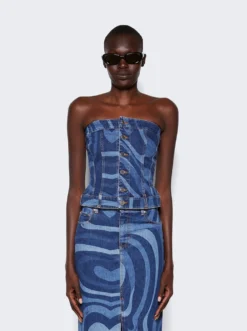 Marmo-Print Denim Bandeau Top Blue 7 Marmo-Print Denim Bandeau Top Blue -Artemides shop 3RDM01 3R998 2845 03 1