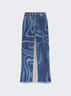 Marmo-Print Denim Maxi Skirt Blue