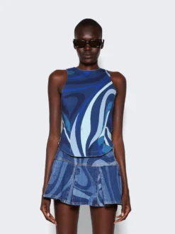 Marmo-Print Denim Top Indigo Blue -Artemides shop 3RJM36 3R987 28927 03 1