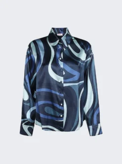 Marmo-Print Silk Long Sleeve Shirt Indigo Blue