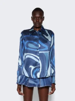 Marmo-Print Silk Long Sleeve Shirt Indigo Blue -Artemides shop 3RRJ21 3R760 Indigo Blue 03