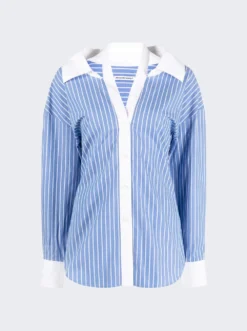 Cropped Button Down Top Blue And White