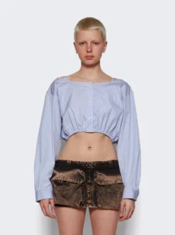 Miu Miu Chambray Logo Shirt With Mother-of-pearl Buttons Celeste -Artemides shop MK1738 S 231 12W8 43839 03 1